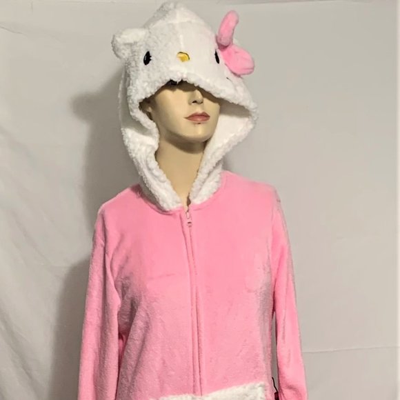 Hello Kitty Union Suit PJs Pajama Pocket Hooded 3D Bow Cosplay Costume Pink L - Picture 1 of 5